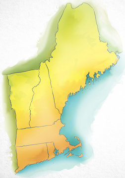 Watercolor Map Of New England USA