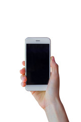 Hand holding mobile smart phone with blank screen, isolated on white background.
