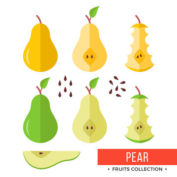 Pear. Green, yellow whole pear and parts, slices, seeds, leaves, core. Set of fruits. Flat design graphic elements. Vector illustration