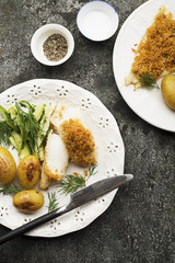 Cod baked with garlic bread crumbs with a garnish of young baked potatoes and fresh cucumbers in dill sauce. Top View.