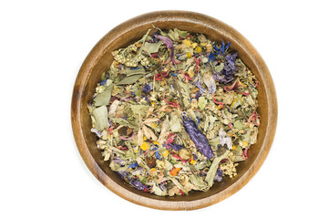 Flower potpourri in a wood bowl.