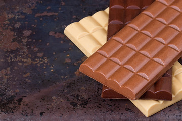 milk, dark and white chocolate bars