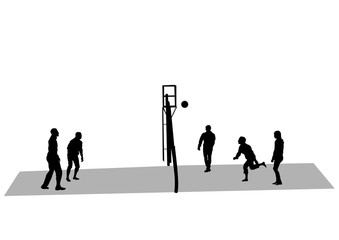 Athletes playing volleyball on a white background