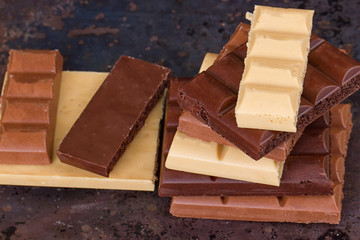 milk, dark and white chocolate bars