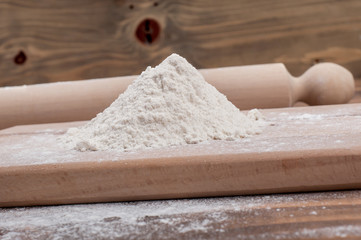 Food ingredients for dough a wooden kitchen board. Cake recipies
