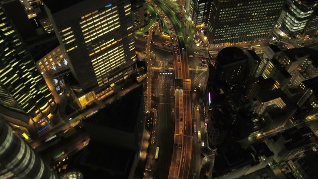Japan Tokyo Aerial v149 Birdseye view flying low over Ginza area night 2/17