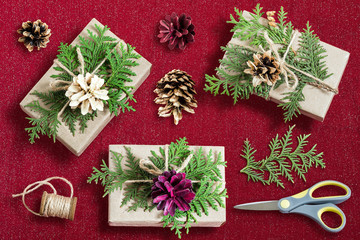 Fototapeta na wymiar Homemade gift box decoration for Christmas