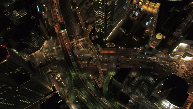 Japan Tokyo Aerial v150 Birdseye view flying low over Ginza area night