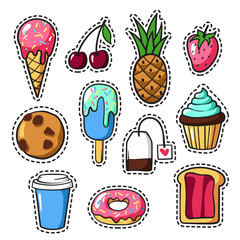 Set of cute colorful patch badges and pins with food, fun cartoon icons in pop art style. Vector hand drawn collection of stickers and pins with meal