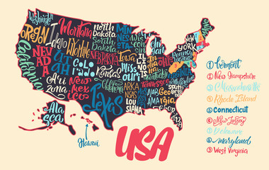 Silhouette of the map of USA with hand-written names of states - Texas, California, Iowa, Hawaii, New York, etc. Handwritten lettering on the background of USA map.