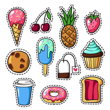 Set of cute colorful patch badges and pins with food, fun cartoon icons in pop art style. Vector hand drawn collection of stickers and pins with meal