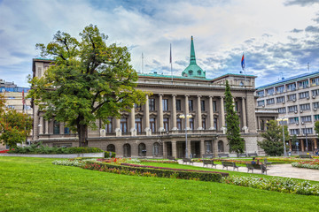 Naklejka premium Palace of the Old Castle and park with flowers and benches, HDR Image.