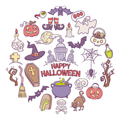 Set of hand drawn isolated cartoon elements of Halloween celebration. Vector illustration.