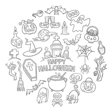 Set of hand drawn doodle cartoon elements of Halloween celebration. Vector illustration.