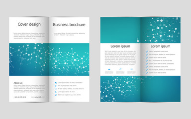 Bi-fold business brochure template with molecular structure background, vector illustration.