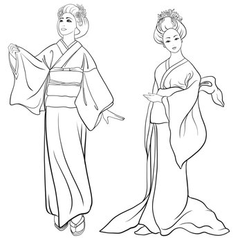 Young women in traditional Japanese kimono, isolated drawing. St