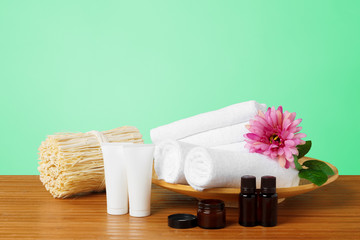 Composition of spa treatment on wooden table