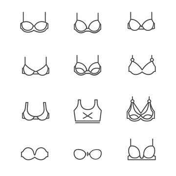 Different types of bras as line icons