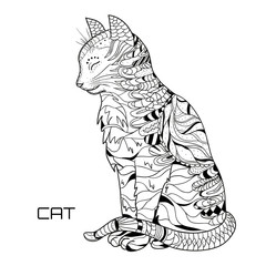 Cat. Design Zentangle. Hand drawn cat with abstract patterns on isolation background. Design for spiritual relaxation for adults.  Black and white illustration for coloring. Zen art