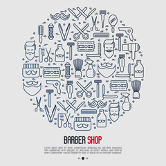 Monochrome barber shop concept in circle with thin line icons of shaving accessories. Vector illustration for web page, banner, print media.