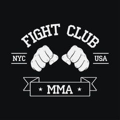 Fight Club logo. NYC, USA. MMA, Mixed Martial Arts. Fighting typography for design clothes, t-shirts, apparel. Sport print with two fist and ribbon. Vector illustration.
