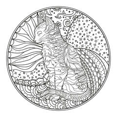 Mandala with cat. Hand drawn circle zendala with abstract patterns on isolation background. Design for spiritual relaxation for adults. Outline for tattoo, printing on t-shirts, posters