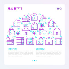 Real estate concept with thin line houses and trees. Modern vector illustration for background of banner, web page, print media.