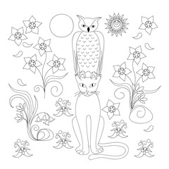coloring page with elegant cat, owl and flowers