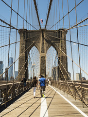 Brooklyn Bridge Tower with USA flag - Brooklyn, New York, NY, United States of America, USA