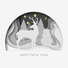 Layered cut out paper Happy New Year postcard with trees, deer, stars. Vector template in carving art style.