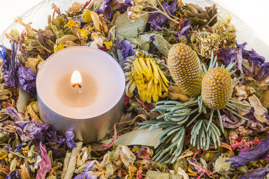 Flower Potpourri In A Glass Bowl.