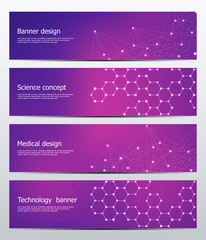 Technological and scientific banners with structure of molecular particles and atom. Polygonal abstract background. Vector illustration.