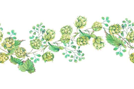 Watercolor natural seamless border of hops