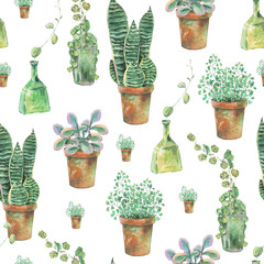 Watercolor seamless pattern of green plants in pots