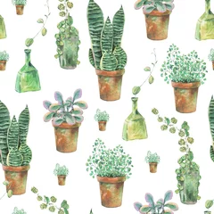Foto op Plexiglas Planten in pot Aquarel naadloos patroon van groene planten in potten