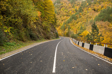 travelling, rock climbing, driving concept. grey road of high quality that is leading between beautiful mountains with trees and bushes of autumn wood