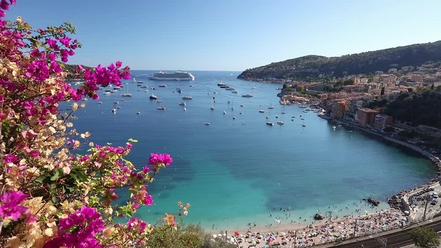 1080P Video clip of boats and cruise ship in the Bay of Villefranche Sur Mer in the Alpes Maritimes department in the Provence Alpes C&ocirc;te d'Azur region on the French Riviera