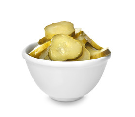 Bowl with pickled cucumber slices on white background