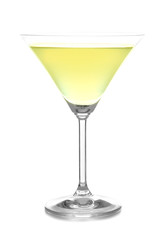 Glass of lemon drop martini on white background