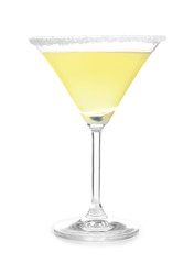 Glass of lemon drop martini on white background