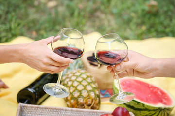 Friends drinking wine on picnic in park