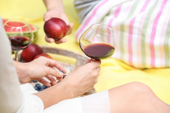 Friends drinking wine on picnic in park