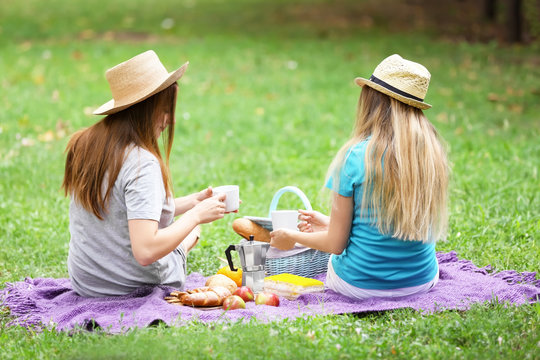 Two female friends on picnic in park