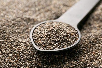 Spoon on chia seeds, closeup