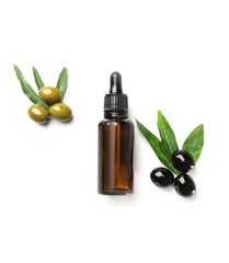 Composition with olive oil on white background