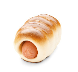 Baked sausage roll on white background, close up