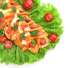 Tasty pastry with sausage on white background