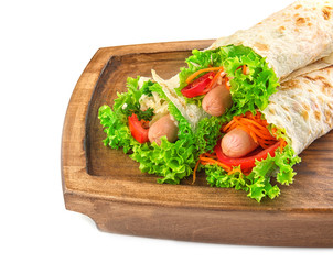 Tasty lavash rolls with sausages and vegetables, isolated on white