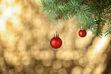 Fototapeta na wymiar Brunch of fir tree with Christmas balls on blurred background