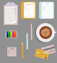 Stationery: The sheets of the planner in a cute polka dots. To Do Lists with little hearts. Multi-colored stiсkers. Cup with coffee on saucer. Credit cards.Vector illustration. 